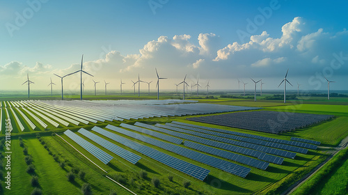 Towering turbines harnessing wind power paint a green landscape under a vast blue sky