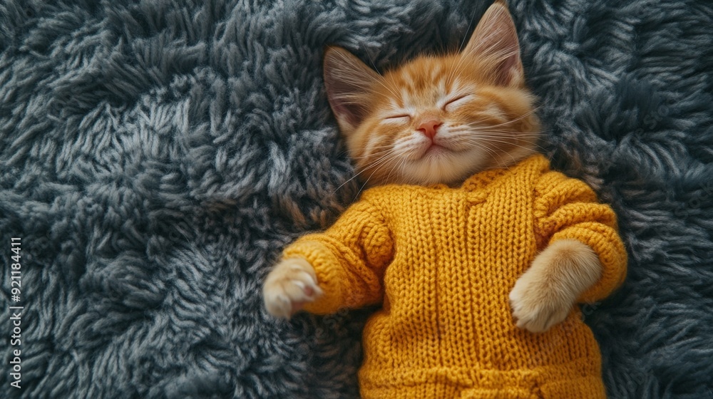 Naklejka premium Adorable ginger kitten in warm cozy ginger yellow sweater sleeping tightly on gray fluffy carpet background with copy space, peaceful Christmas night, Thanksgiving cozy lifestyle,funny animal portrait
