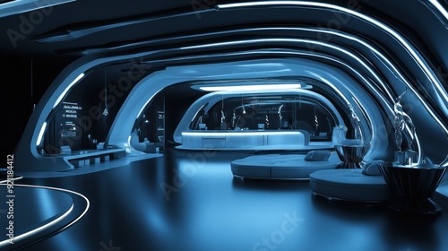 Futuristic Interior Design with Blue Lighting and Curved Walls