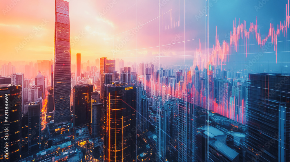 Fototapeta premium Smart digital city with connection network that is at the cutting edge of innovation in technology and business with bright, modern skyscrapers. Backgrounds for technology and charts and graphs