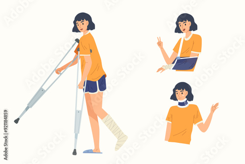 Set of young girl got injury; fracture or dislocation of the leg, arm, neck damage, from an accident. Medical treatment. Concept of treatment, cure and recovery. Flat vector illustration.
