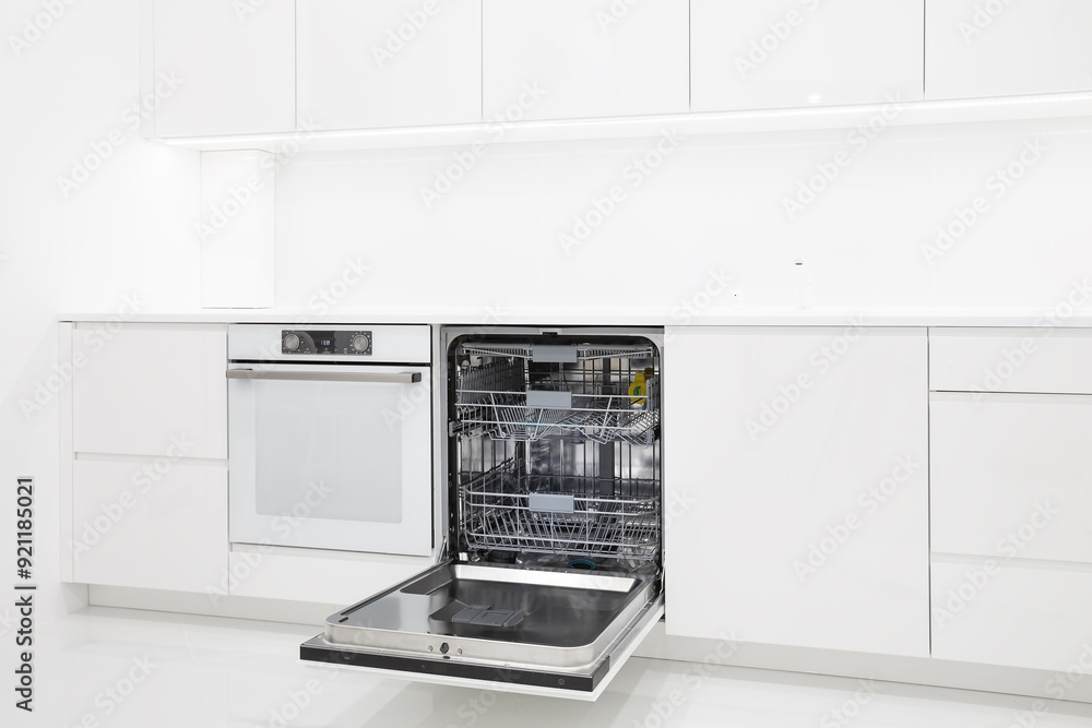 Washing machine with opened door at modern kitchen interior Washing machine with opened door at modern kitchen interior