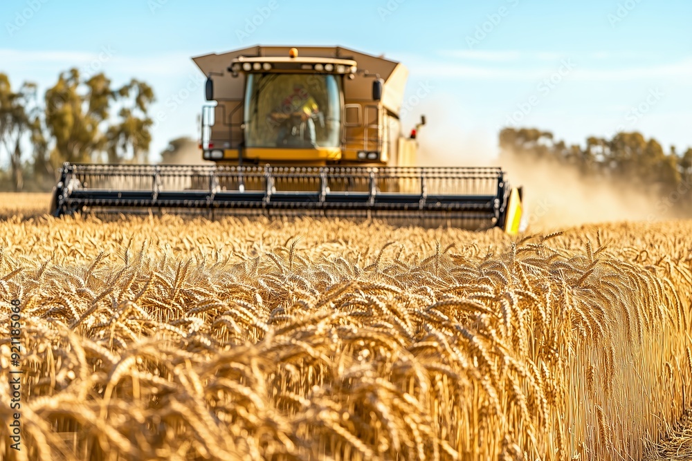 Fototapeta premium Wheat harvesting in a golden field during a sunny afternoon in the countryside