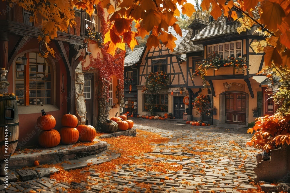 Autumn village with pumpkins, colorful trees, and rustic charm in the fall season.. Autumn village with pumpkins, colorful trees, and rustic charm in the fall season..