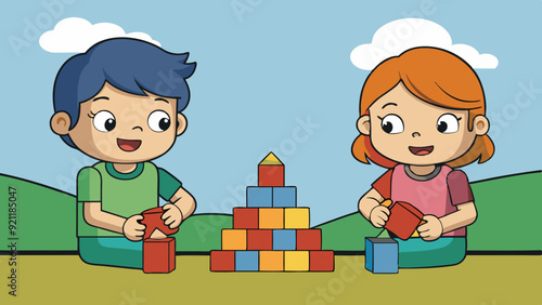 two kids playing with bricks vector illustration
