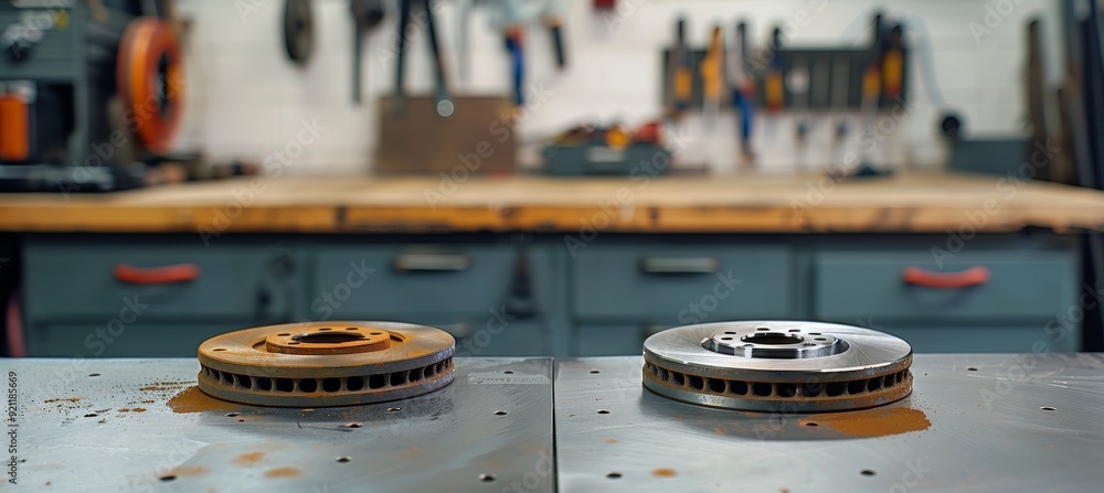 New vs Worn Brake Pads Comparison on Clean Workbench in Automotive ...
