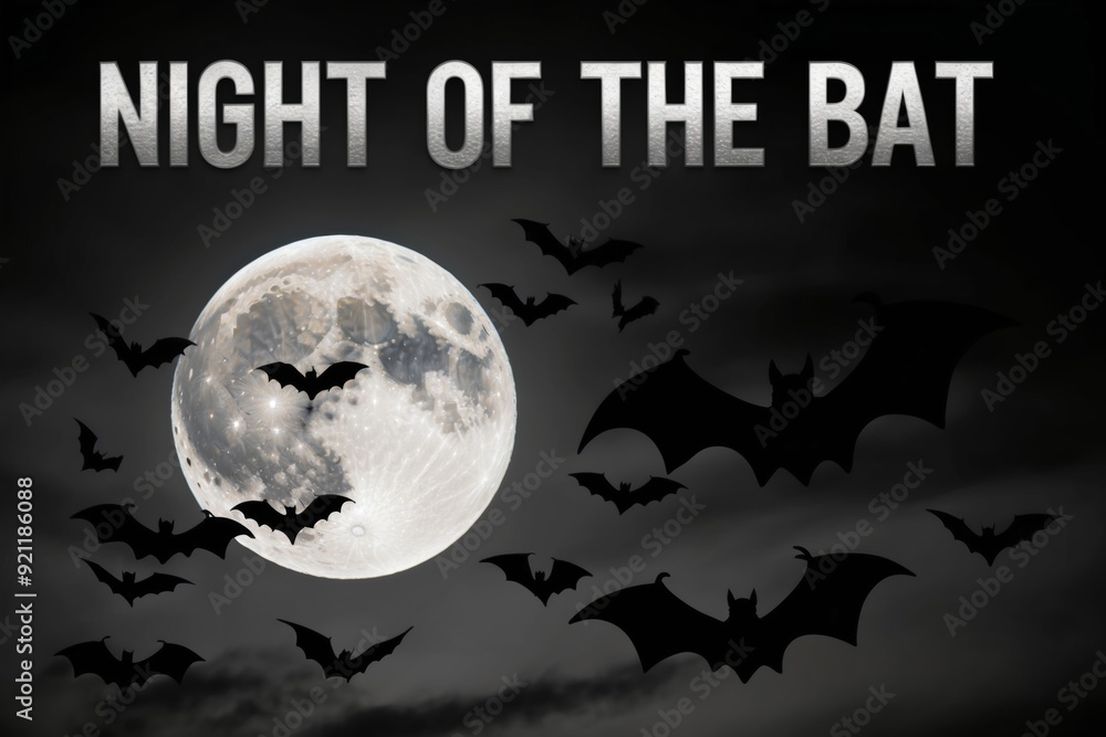Bats flying across a full moon during a night scene in a dark sky Bats flying across a full moon during a night scene in a dark sky