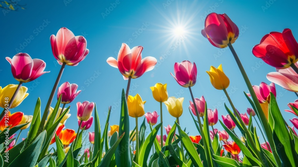 Fototapeta premium Vibrant field of tulips in full bloom, set against a clear blue sky