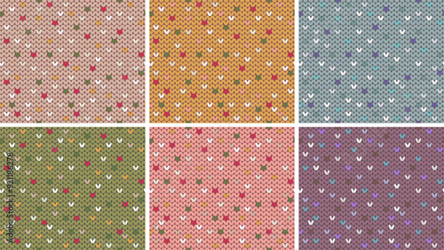Vector collection of knitted patterns, set of seamless knitted backgrounds and textures, colorful
