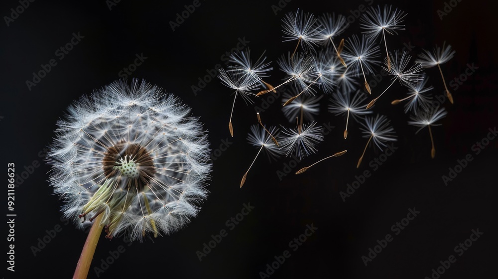 Fototapeta premium Dandelion head as its seeds are blown away by the wind