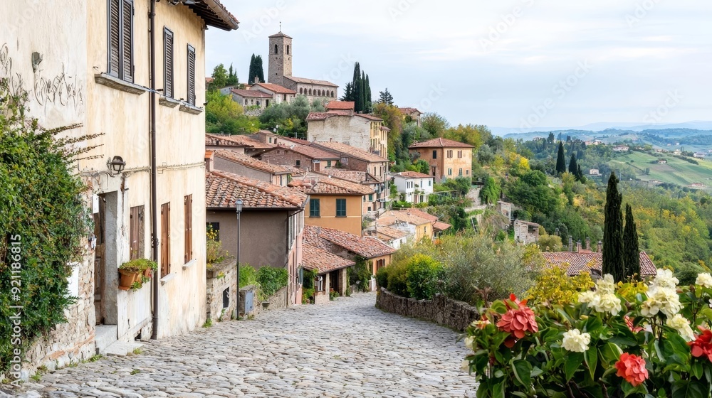 A traditional Italian village on a hillside, with cobblestone streets and terracotta rooftops A traditional Italian village on a hillside, with cobblestone streets and terracotta rooftops
