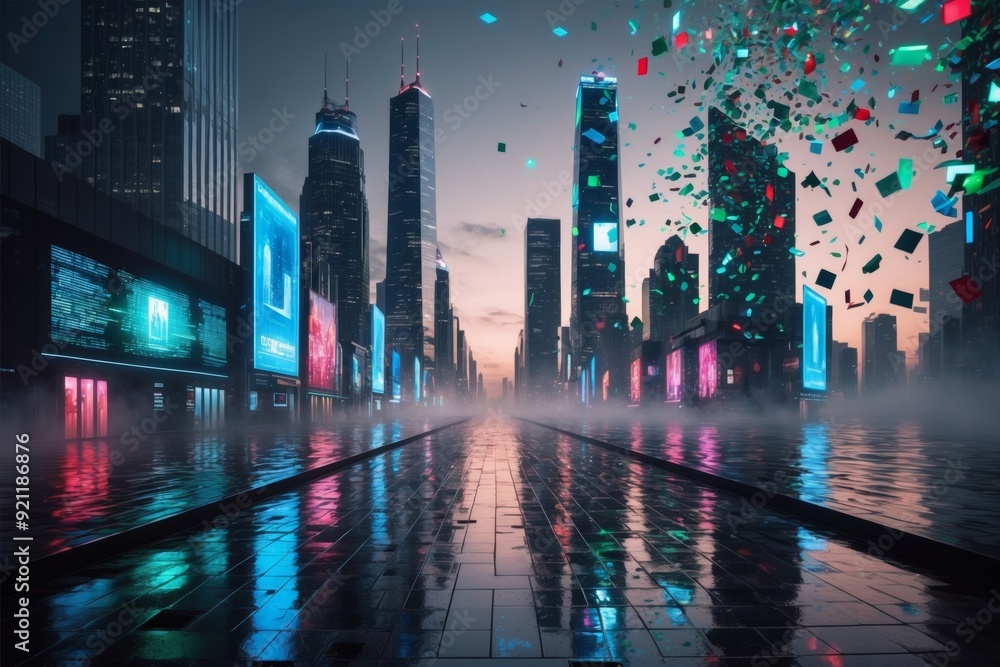 Cityscape at dusk with colorful lights reflecting on wet pavement and digital displays Cityscape at dusk with colorful lights reflecting on wet pavement and digital displays