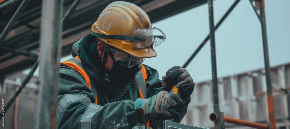 Construction Worker with Safety Gear Using a Hammer to Secure Metal Brackets on Building Site Construction Worker with Safety Gear Using a Hammer to Secure Metal Brackets on Building Site