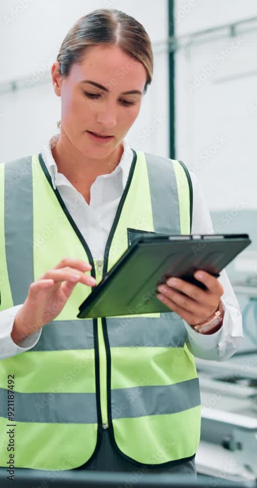 Tablet, thinking and woman engineer in factory for inventory management or planning. Checklist, logistics and problem solving with person in industrial plant for automated manufacturing or production Tablet, thinking and woman engineer in factory for inventory management or planning. Checklist, logistics and problem solving with person in industrial plant for automated manufacturing or production