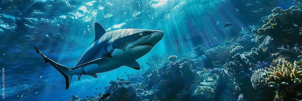 Obraz premium Underwater exploration of a shark swimming near coral reefs in clear tropical waters. Copy space