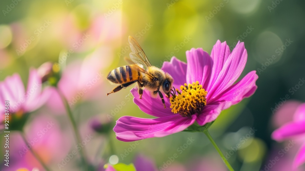 Bee hovering near a pink flower Bee hovering near a pink flower