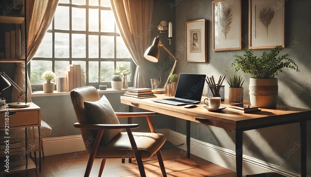  Cozy Home Office with Wooden Desk and Natural Light
