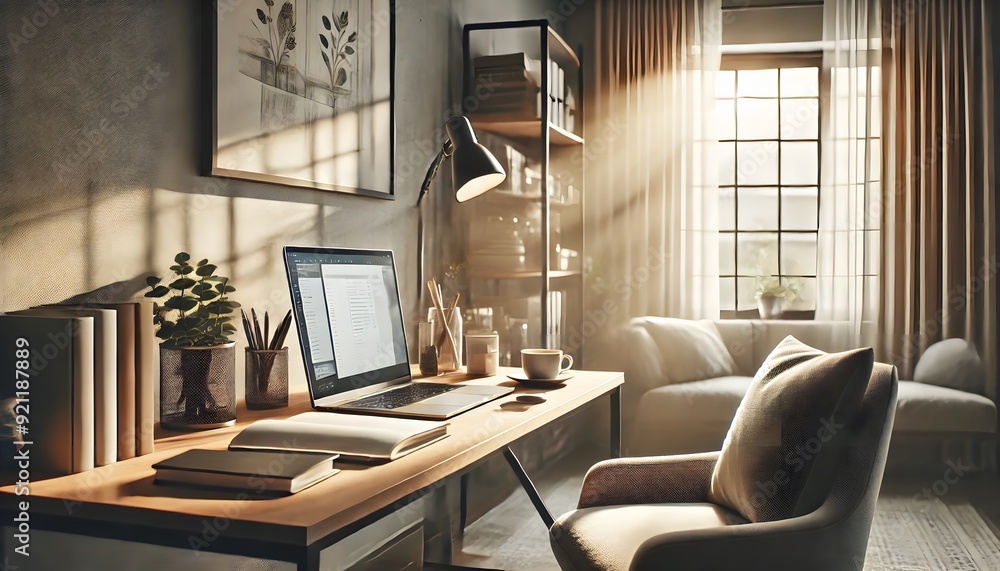 Fototapeta premium Cozy Home Office with Wooden Desk and Natural Light