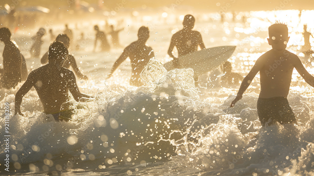 Group of people on the beach jumping in the water. Group of people on the beach jumping in the water.