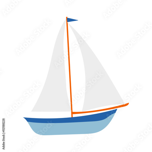 A small white and blue sailboat with a blue flag on the mast. The boat is floating on a blue ocean