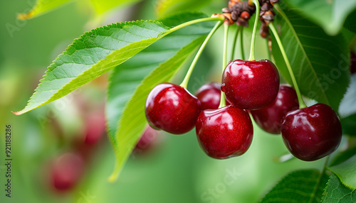 Branch of ripe cherries on a tree in a garden