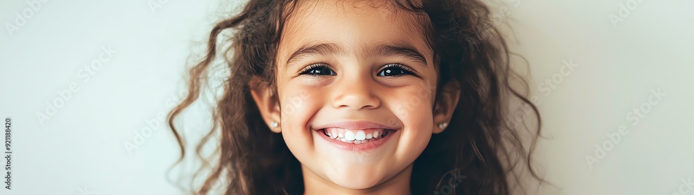 A joyful girl with curly hair smiles brightly, showcasing happiness and innocence in a warm, inviting setting. A joyful girl with curly hair smiles brightly, showcasing happiness and innocence in a warm, inviting setting.