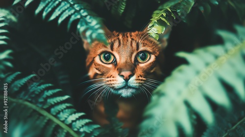 A majestic cat peeks through lush green foliage, showcasing its striking eyes and vibrant fur in a serene, natural environment. photo