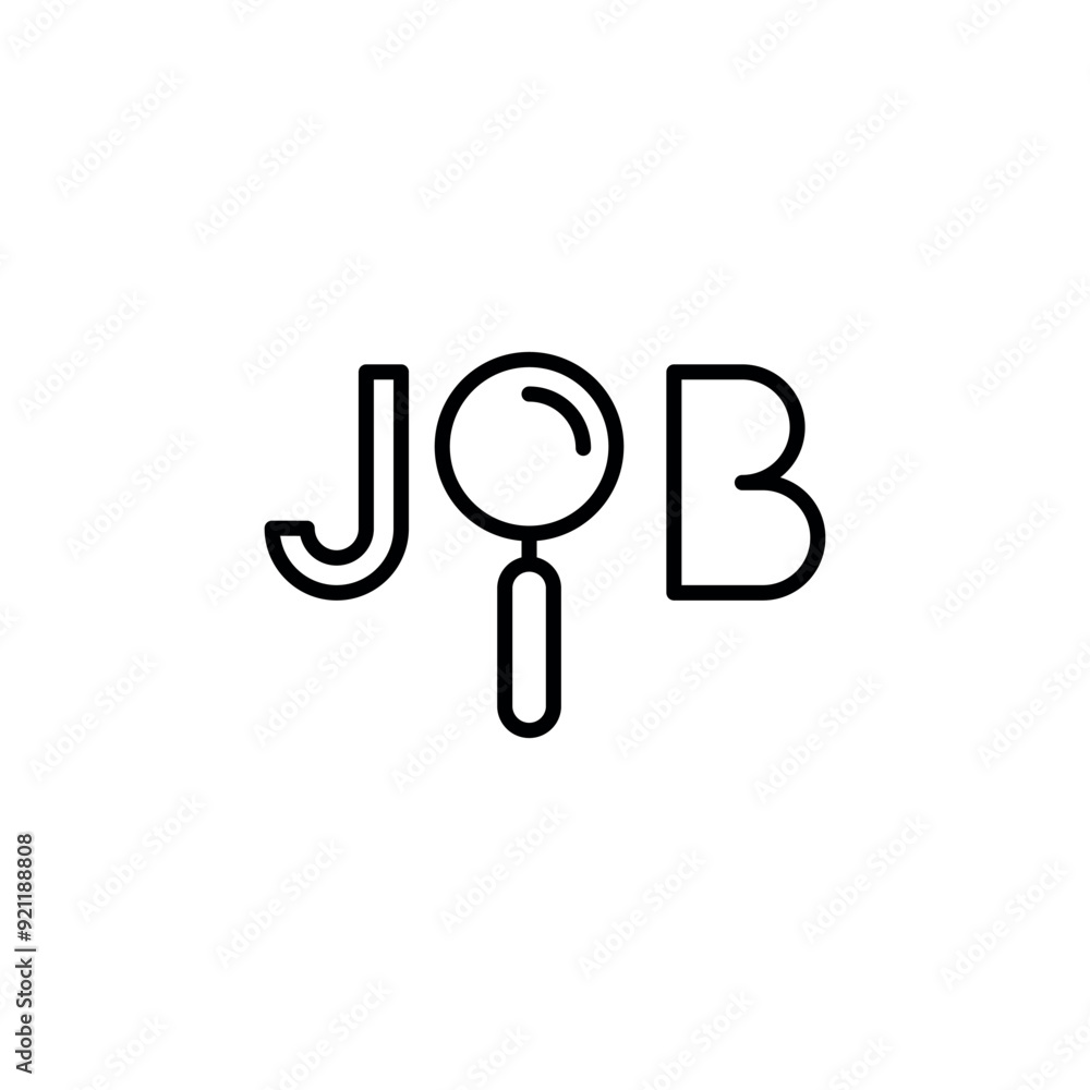 Job search icon. Minimal line art featuring the word 'Job' with a magnifying glass integrated into the typography. Perfect for job hunt, recruitment, or employment-related themes. Vector illustration Job search icon. Minimal line art featuring the word 'Job' with a magnifying glass integrated into the typography. Perfect for job hunt, recruitment, or employment-related themes. Vector illustration