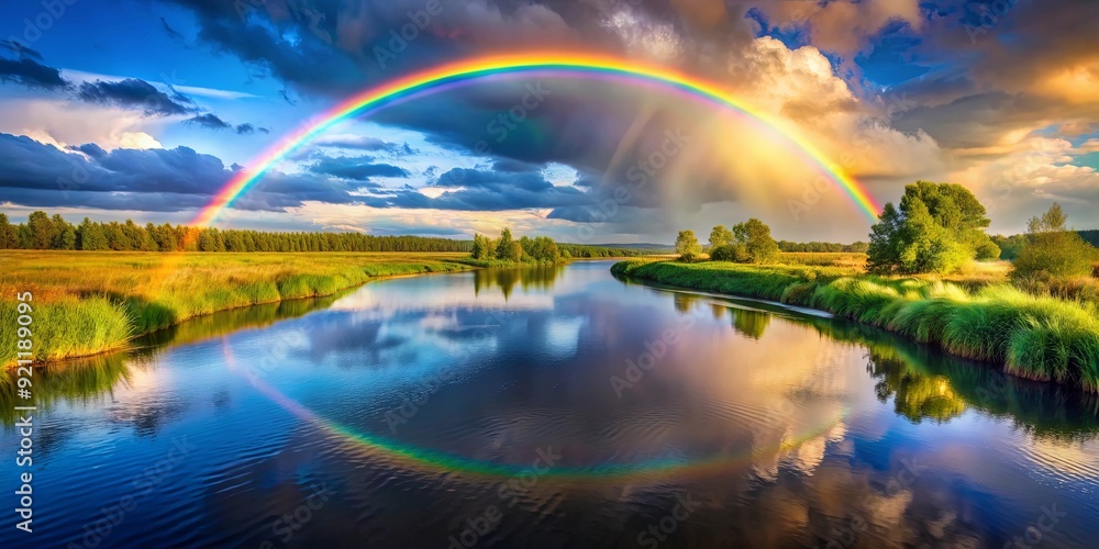 Obraz premium Rainbow arching over a tranquil river, nature, colorful, bright, vibrant, reflection, water, sky, clouds, calm, peaceful