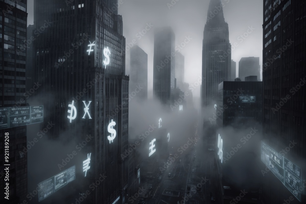 Futuristic urban skyline shrouded in fog with illuminated currency symbols at dusk Futuristic urban skyline shrouded in fog with illuminated currency symbols at dusk