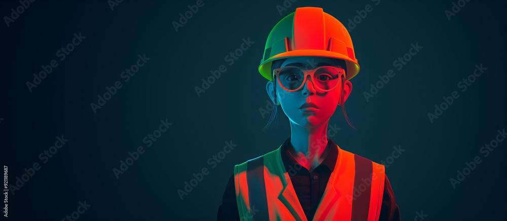Obraz premium A construction worker dons a reflective safety vest and a hard hat, illuminated by dramatic red and blue lighting that highlights their commitment to safety - Generative AI