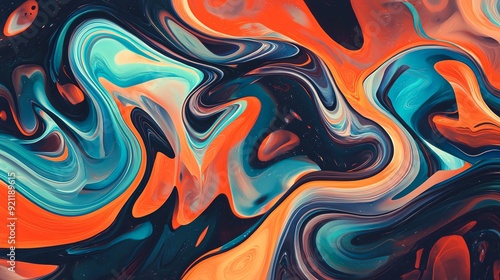 A vibrant abstract artwork featuring flowing patterns of orange, blue, and black, perfect for modern design projects.
