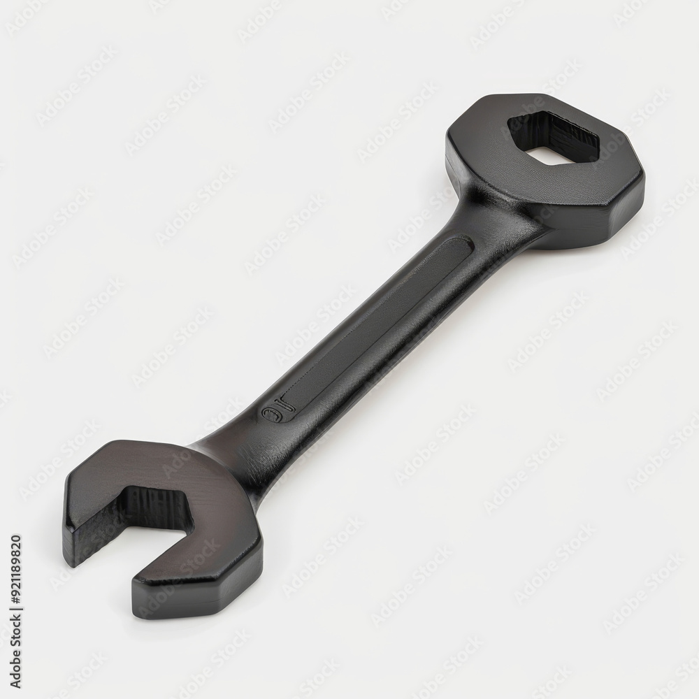 A black wrench with a hexagonal head and a double-ended open end. The wrench is isolated on a white background. A black wrench with a hexagonal head and a double-ended open end. The wrench is isolated on a white background.