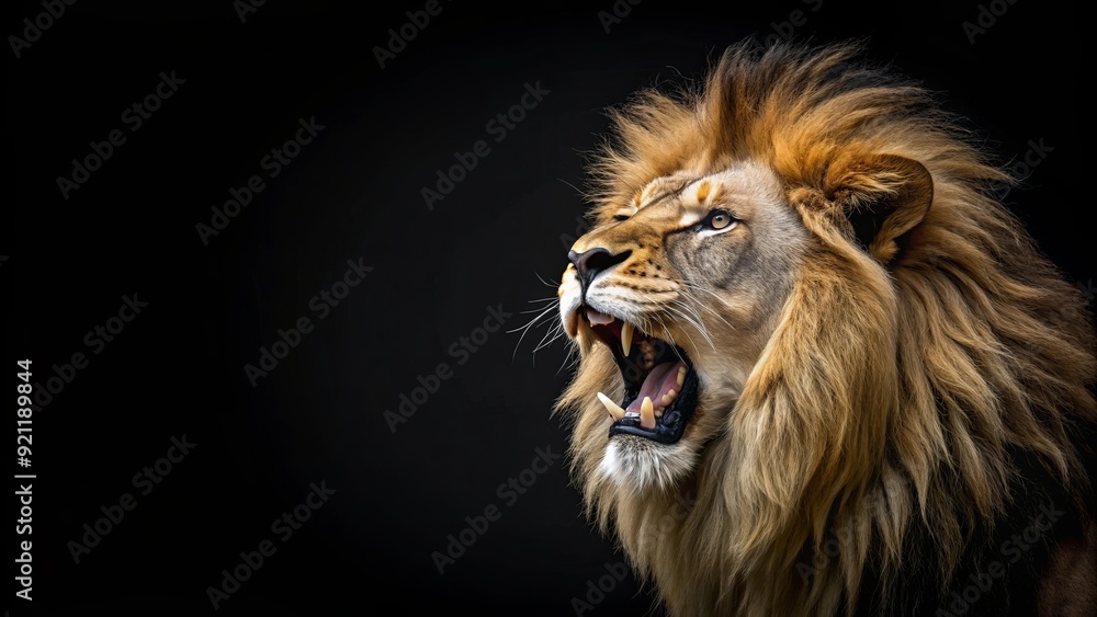 Naklejka premium Lion roaring fiercely at the camera on a black background, lion, predator, aggressive, fierce, jungle, wildlife
