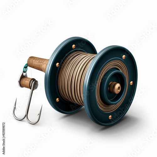 A blue fishing reel with a wooden handle and a line of fishing wire, along with two fishing hooks. photo