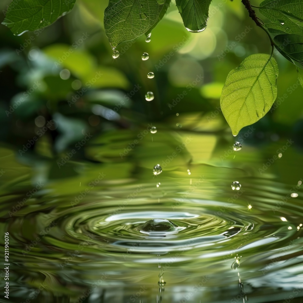 fresh green leaves with water drops over the water , relaxation with water ripple drops concept fresh green leaves with water drops over the water , relaxation with water ripple drops concept