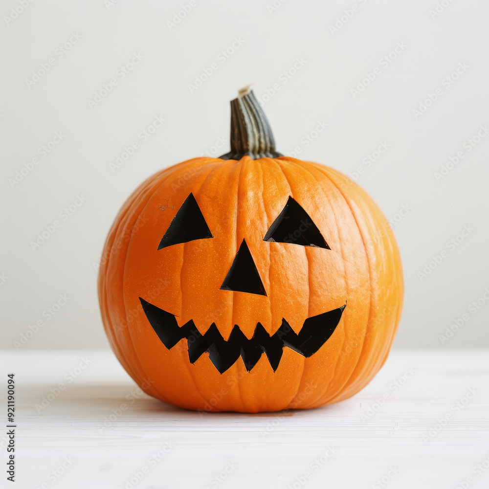 A carved jack-o'-lantern with a toothy grin sits on a white surface. A carved jack-o'-lantern with a toothy grin sits on a white surface.