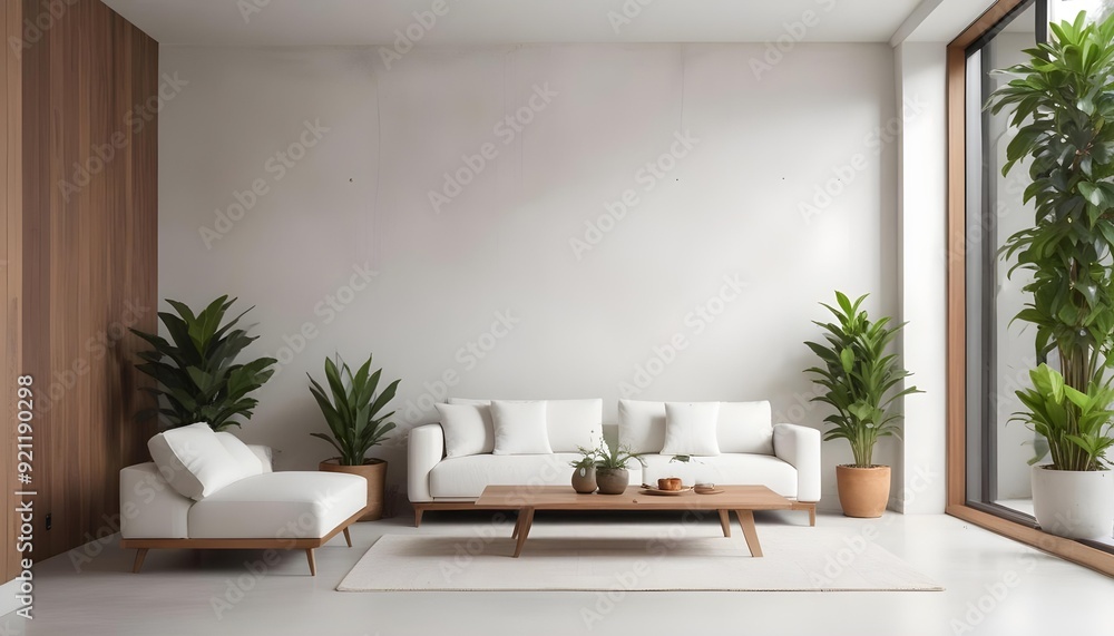 A modern living room with a white sofa, wooden coffee table, and potted plants against a white concrete wall. A modern living room with a white sofa, wooden coffee table, and potted plants against a white concrete wall.