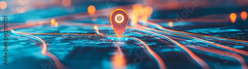 A vivid representation of a GPS location pin on a digital map, symbolizing navigation and connectivity in modern travel.
