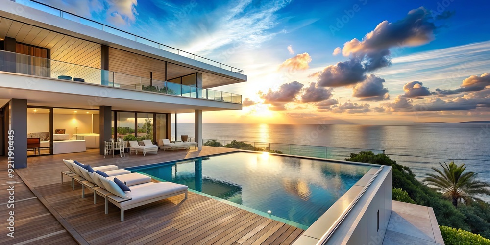 Fototapeta premium Luxurious seaside villa with panoramic ocean views, luxury, vacation, relaxation, beach, coastal, ocean, stunning