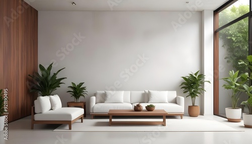 A modern living room with a white sofa, wooden coffee table, and potted plants against a white concrete wall.