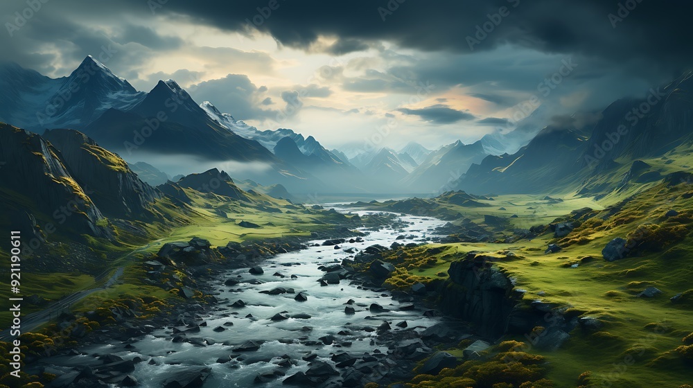 Green mountain range with a river running through it nature background AI Generated Green mountain range with a river running through it nature background AI Generated