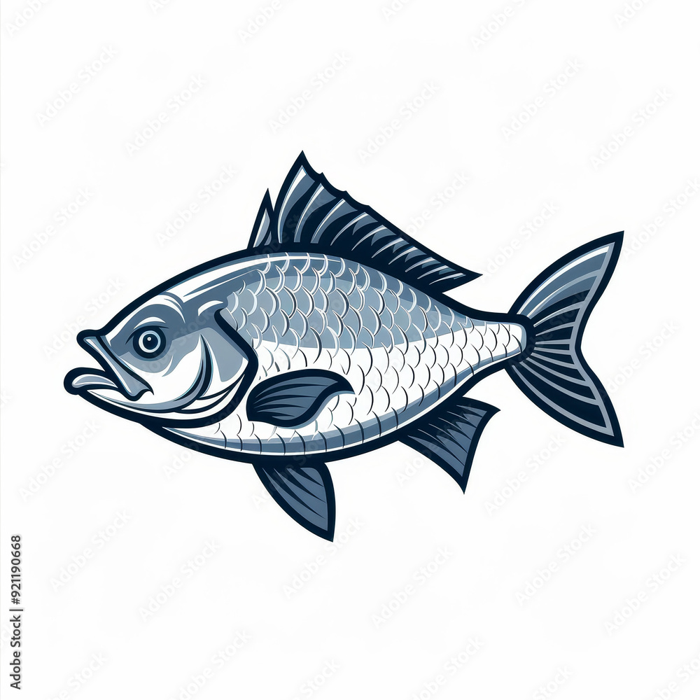 Fototapeta premium A detailed illustration of a silver fish with black fins and a white background.