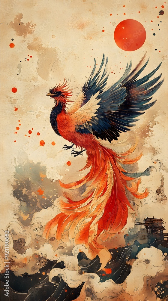 Auspicious Phoenix with Modern Motifs: A phoenix featuring contemporary motifs and bold design elements, symbolizing beauty and good fortune Auspicious Phoenix with Modern Motifs: A phoenix featuring contemporary motifs and bold design elements, symbolizing beauty and good fortune