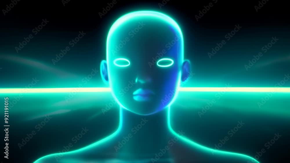 Video of futuristic humanoid figure with glowing neon eyes in dark, abstract digital environment, artificial intelligence and digital consciousness. concept of advanced technology and virtual identity Video of futuristic humanoid figure with glowing neon eyes in dark, abstract digital environment, artificial intelligence and digital consciousness. concept of advanced technology and virtual identity