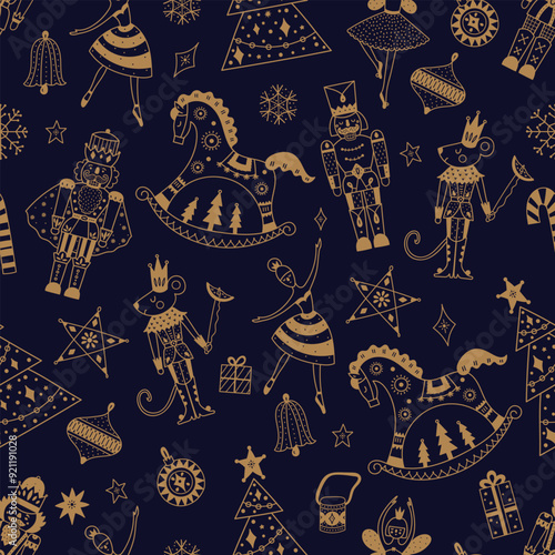 Cute gold Christmas vector seamless Nutcracker pattern.  Seamless pattern can be used for wallpaper, pattern fills, web page background, surface textures.