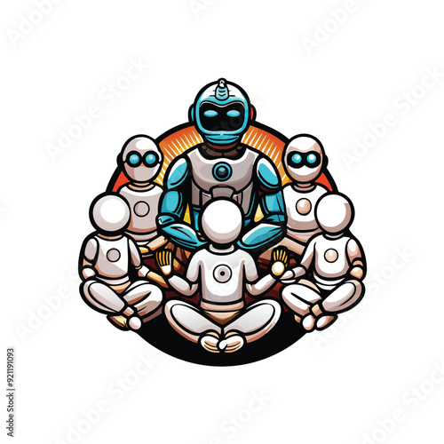 A harmonious depiction of humans and AI robots in a circle, sitting in a meditative pose.