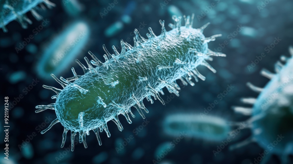 Naklejka premium Detailed Close-up of Bacteria with Flagella, Scientific Background with Copy Space