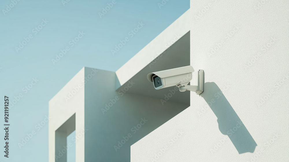 Outdoor surveillance camera on a modern white building wall with sharp ...