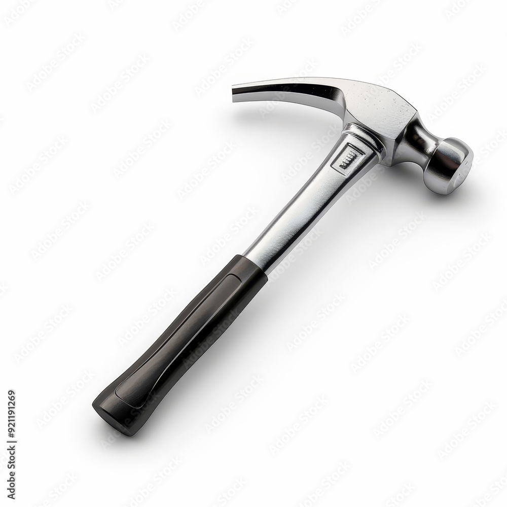 A shiny claw hammer with a black rubber handle, isolated on a white background. A shiny claw hammer with a black rubber handle, isolated on a white background.